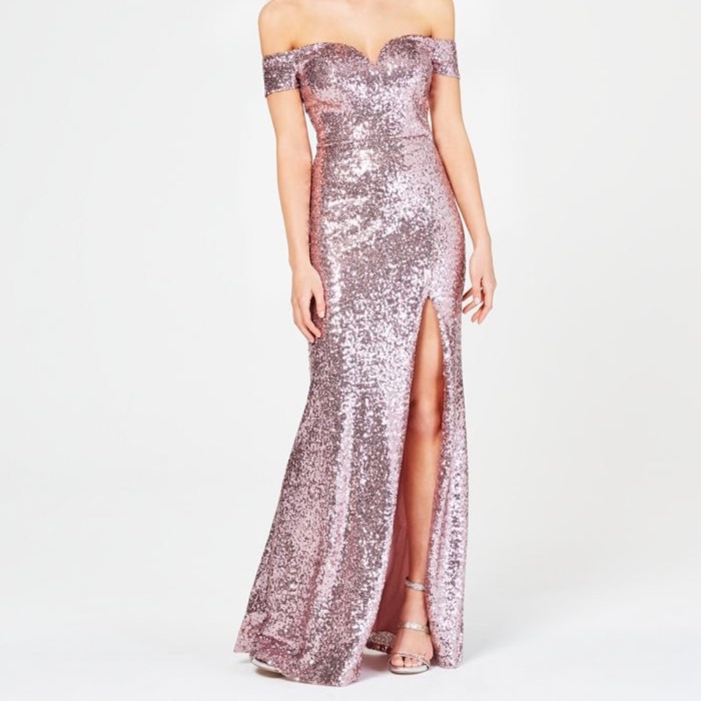 B Darlin made by Macys 
Juniors' Off-The-Shoulder Sequined Gown size9 10
